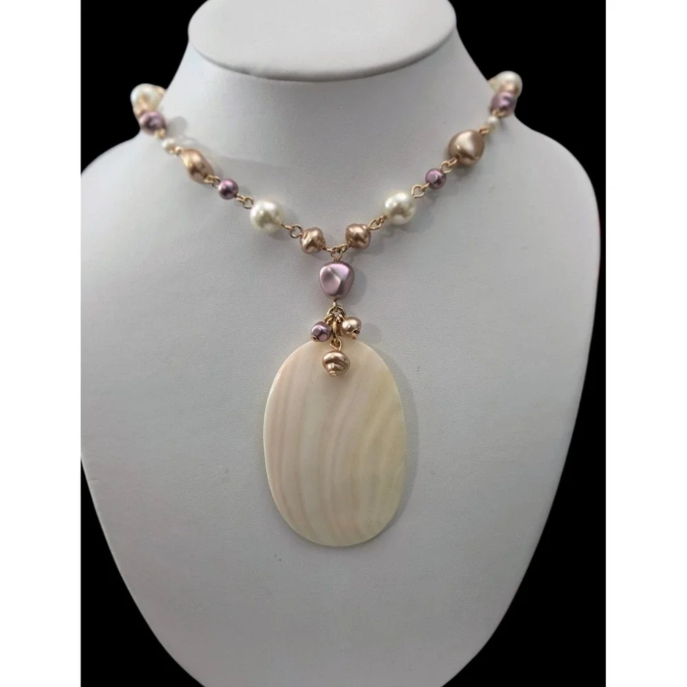 Vintage NRQ Avon Faux Pearl Pastel Gold‎ Tone Chain Shell Pendant Necklace 21
